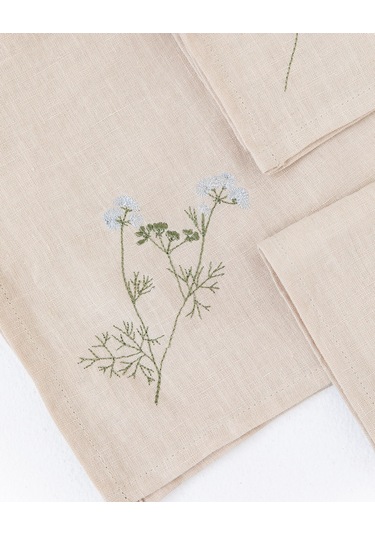 4'lü Kır Çiçeği İşlemeli Peçete Seti, Doğal Keten Peçeteler Naturel