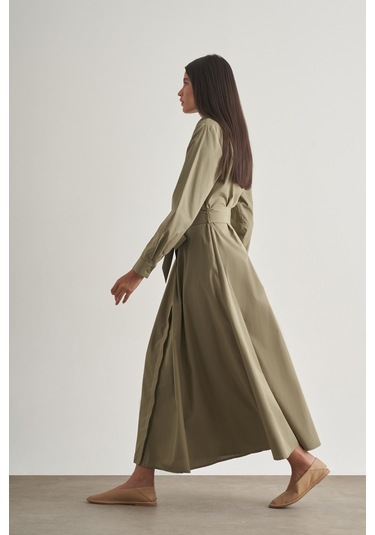Mizalle Premium Saf Pamuk Haki Piliseli Uzun Elbise Haki