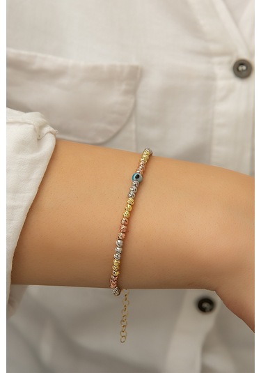 Dorica Toplu Nazar Gözlü Üç Renkli Fantezi 925 Ayar Gümüş Bileklik