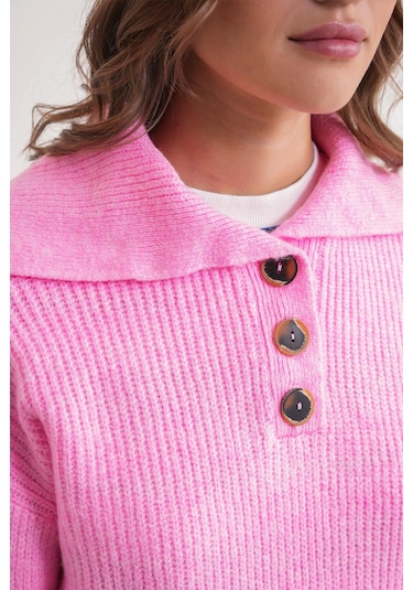 6900 Kadın Düğmeli Devrik Yaka Triko Kazak Pembe Pembe