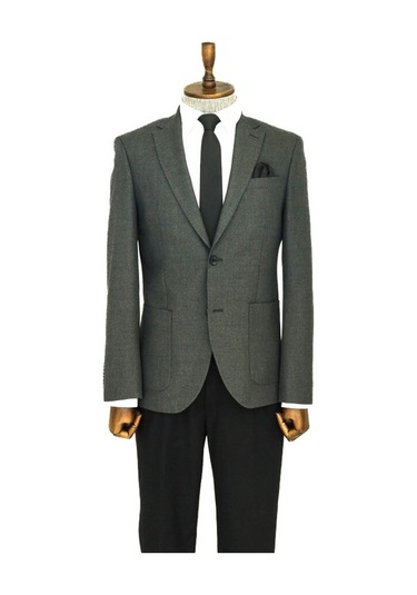 Kendinden Desenli Slim Fit Sivri Yaka Gri Erkek Ceket 001