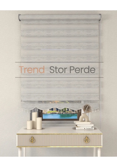 Gri Bambu Boncuklu Zebra Stor Güneşlik Perde Opak Gri