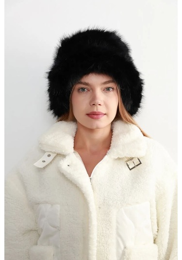 Kadın Kürklü Bucket Kalpak Şapka Rkş-15 Siyah Siyah