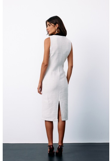 Sateen Fularlı Kolsuz Tüvit Elbise - Taş-135149 Taş