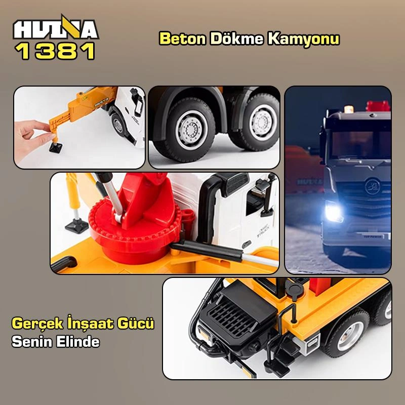 Huına 1381 1/18 11ch Beton Çimento Dökme Kamyonu İş Makinesi İnşaat Uzaktan Kumandalı Rc Model Sarı - 2.4ghz Gerçekçi Similasyon Ses Ve Işık Sistemi