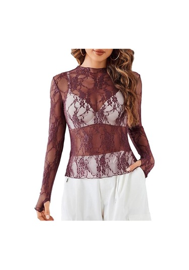 Kadın File Üst Uzun Kollu Balıkçı Yaka Şeffaf Bluz Şeffaf Çiçek Dantel Üstler Bordo