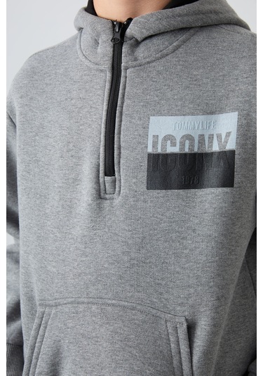 Tommy Life Gri Melanj Pamuklu Kalın İçi Tüylü Yumuşak Dokulu Standart Fit Baskılı Erkek Çocuk Eşofman Takım - Gri Melanj