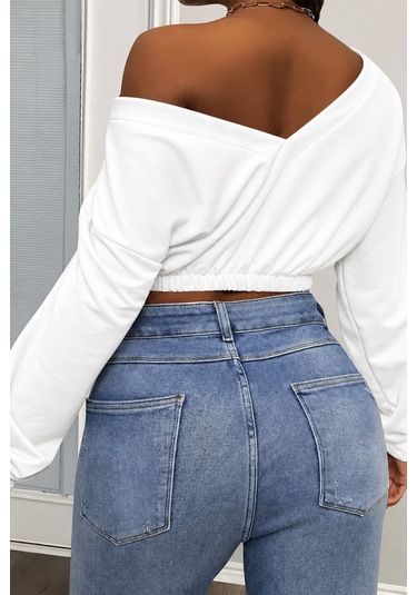 Tarz Cool Kadın Omuz Dekolteli Lastikli Crop Sweatshirt %100 Pamuk Beyaz