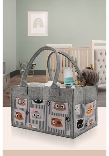 Jasper Kedi Figürlü Desenli Gri Keçe Anne Bebek Bakım Çantası Or Gri