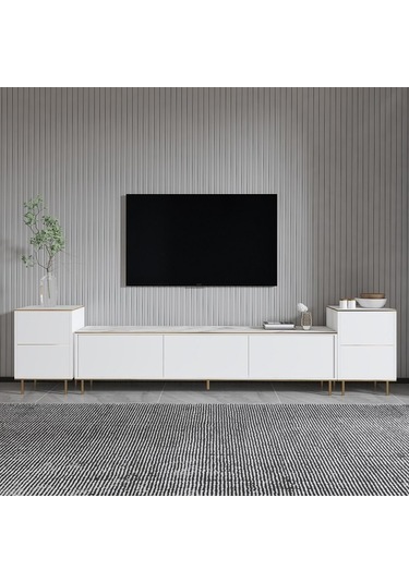 Tv Sehpası Kozan Set Beyaz Mermer Desen Gold 260 Cm