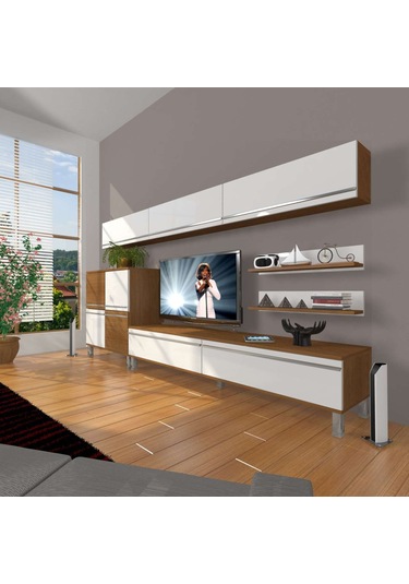 Decoraktiv Eko 8 Mdf Std Krom Ayaklı Tv Ünitesi Tv Sehpası Ceviz - Beyaz