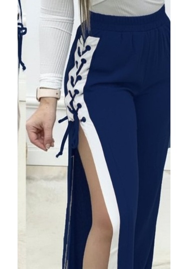 Tua Moda Kadın Yüksek Bel Yandan Çapraz Bağcıklı Yırtmaçlı Viskon Iki Iplik Pantolon Lacivert