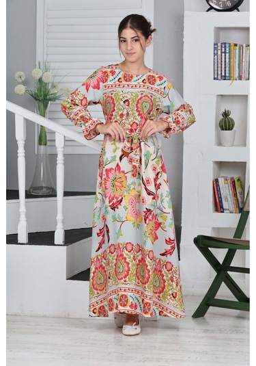 Kız Çocuk Viskon Kumaş Desenli Uzun Elbise Kiremit