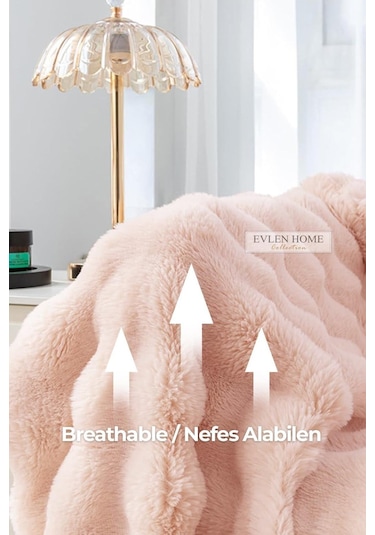 Evlen Home Kürk Yatak Örtüsü Çift Kişilik Dolgulu Peluş Yumuşak Çift Taraflı Yorgan 3 Parça Loria Pudra