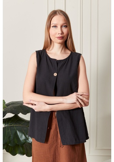 Keten Şık Farklı Tarz Nevin Bluz - Modern Ve Zarif Tasarım Siyah