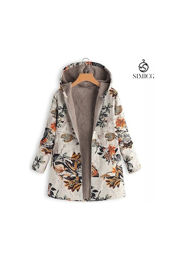 Kadın Pamuk Ve Keten Yaprak Desenli Peluş Astarlı Kapşonlu Fermuarlı Turuncu