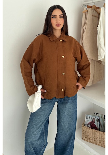 Kadın Fermuarlı Altın Düğmeli Mont Structured Style Taba