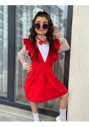 Kız Çocuk Gömlek / Salopet Kırmızı Takım Çok Renkli