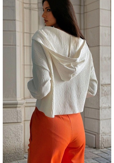 Ekru, Yarım Fermuarlı, Kapüşonlu, Casual Bluz Ekru