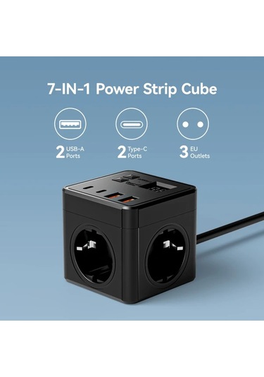 Xuweiwei Siyah 1.5 Metre Uzatma Kablosu 3 Ac Çıkışlı 2 Usb Portlu 2 Type-c Portlu Zamanlayıcılı 7si 1 Arada Ab Güç Şeridi Ev Ofis Seyahat İçin