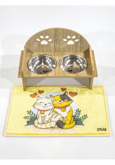Oval Pati Desenli Ahşap İkili Çelik Kaseli Kedi Su ve Mama Kabı