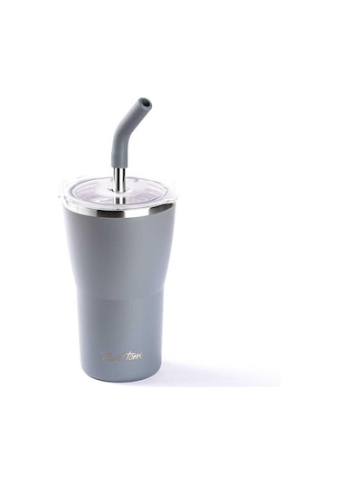 Tantitoni Gri 2 Kapaklı Çift Katmanlı Pipetli Termos Bardak 410 Ml