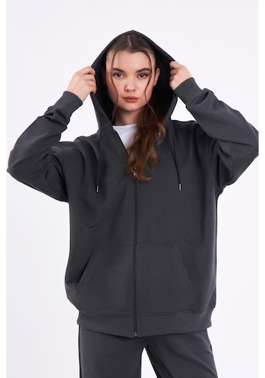Comeor Antrasit Kanguru Cepli Kapüşonlu Fermuarlı Oversize Kadın Sweatshirt Cmrb73-antrasit Antrasit