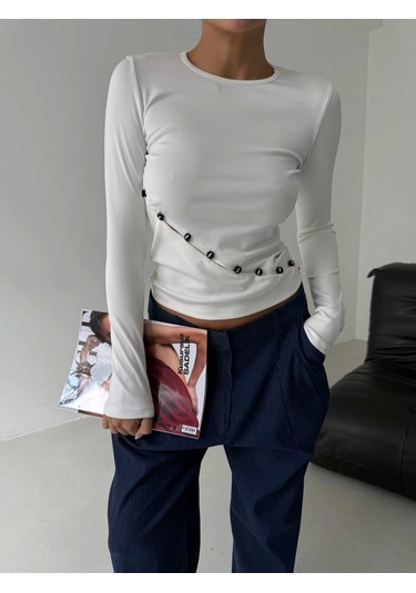 Asimetrik Alt Detaylı Bluz Beyaz Beyaz