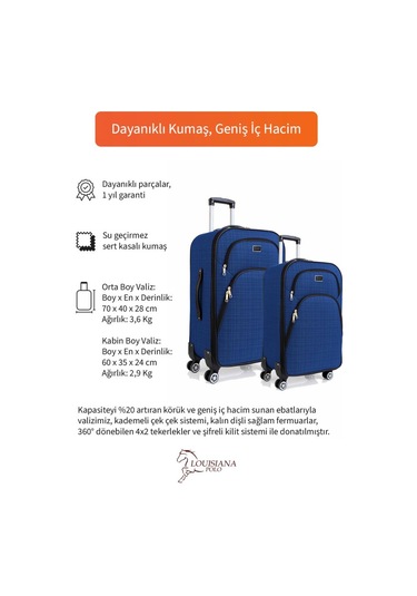 Orta Ve Kabin Boy Valiz Seti 4 Teker Kumaş Valiz Saks Mavi 1081 Mavi