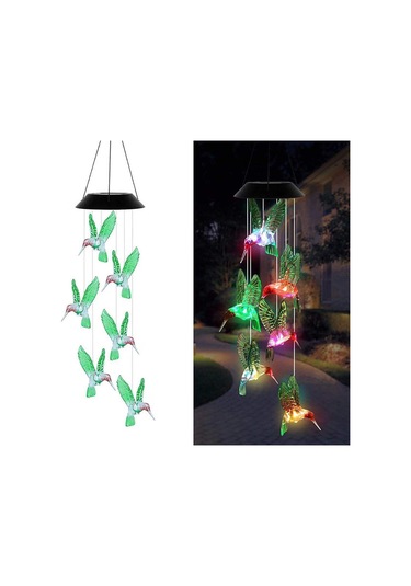 Dianziye Güneş Enerjili Renkli Bahçe Dekorasyonu, Kuş Figürlü Asılı Aydınlatma Ve Rüzgar Çanı Mavi