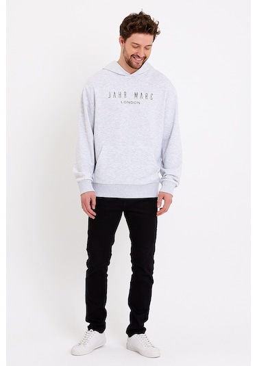 JAHR MARC Baskılı Kapüşonlu Gri Oversize Erkek Sweatshirt Gri