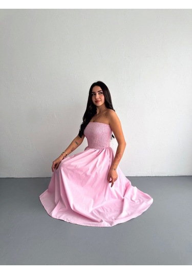 Straplez Pileli Elbise - Pembe Pembe