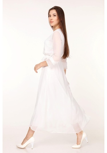 Kadın Kuşaklı Uzun Şifon Elbise Dpkts003 Beyaz