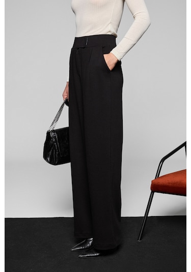 Grımelange Phalıera Kadın Esnek Kumaşlı Rahat Kalıp Cırt Kapamalı Siyah Pantolon Siyah