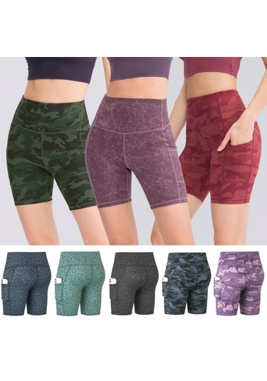 Teltree Kadın Yüksek Bel Spor Şortu, Orta Yeşil Kamuflaj Desenli, İki Taraflı Cep, Yüksek Esneklikli, Hızlı Kuruyan, Koşu Ve Yoga İçin Haki