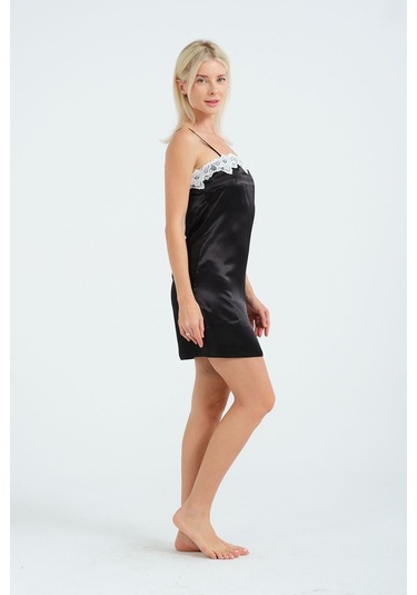 Laperissa Kadın Siyah Dantel Detaylı Saten Askılı Şık Gecelik Siyah
