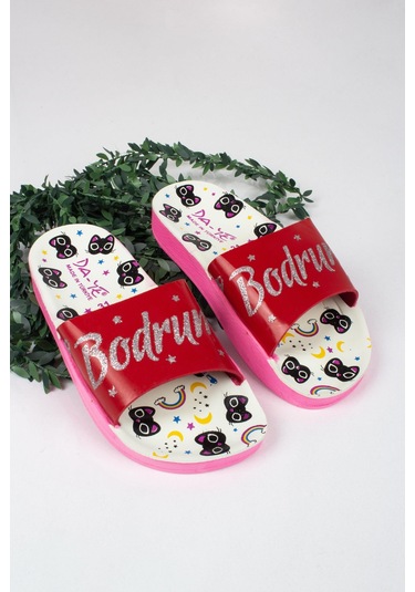 Kız Çocuk Minik Kedi Temalı Bodrum Yazılı Terlik-5792-kırmızı Kırmızı