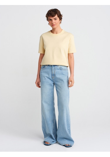 Dilvin 30312 Dekoratif Dikişli Bisiklet Yaka Tshirt-açık Sarı Açık Sarı