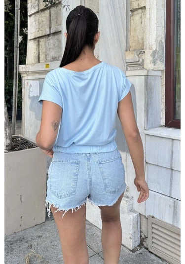 Kadın Bebe Mavi Yarım Kol, Geniş Yaka, Tek Cepli, Beli Lastikli Rahat Crop Bluz Bebe Mavi