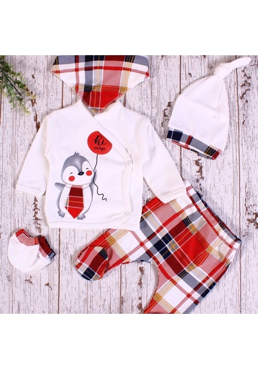 Yeni Doğan Ekose Penguen Fularlı 5'li Erkek Bebek Takımı Kırmızı Kırmızı