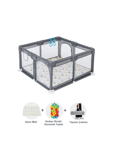 Original Playard Plus Güvenli Bebek Ve Çocuk Oyun Alanı Oyun Parkı 120x120 Oyun Matı Ve Topları Gri