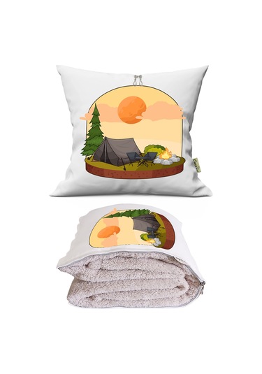 Kamp Baskılı Dekoratif Yastık Kırlent Opsiyonel Battaniye 2 İn 1 Çok Renkli