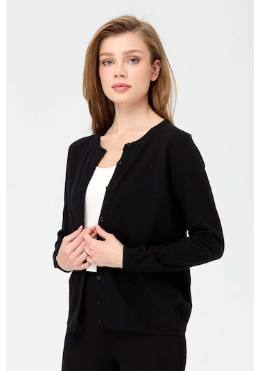 Desen Triko Kadın Sıfır Yaka Triko Yün Hırka 21031 Siyah