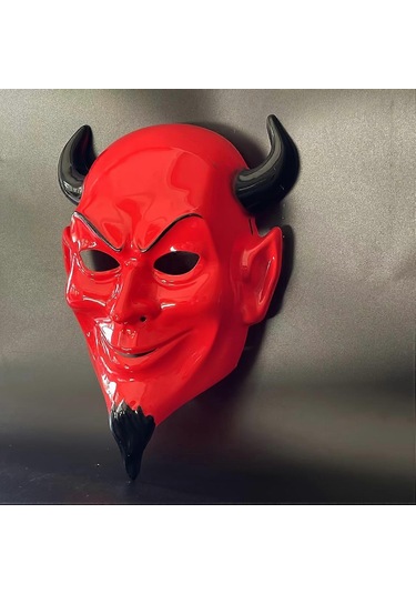 Boynuzlu Kırmızı Şeytan Maskesi Cadılar Bayramı Korku Maskesi Red Devil Mask Halloween Mask Devil