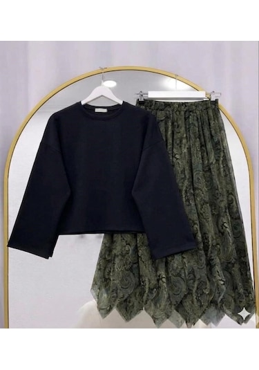 Lovie Moda Basic Bluz Asimetrik Kesim Astarlı Şifon Etekli Takım Siyah-haki