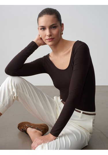 Dilvin 32776 Oval Yaka Bodysuit-koyu Kahve