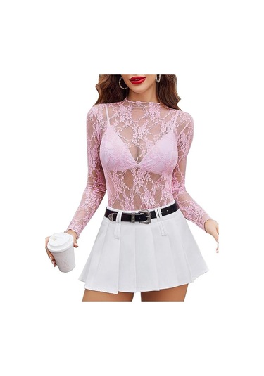 Kadın File Üst Uzun Kollu Balıkçı Yaka Şeffaf Bluz Şeffaf Çiçek Dantel Üstler Pembe