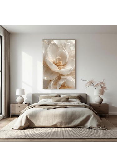 Beyaz Soft Çiçek Cam Tablo Dikey, 3d Detaylı Duvar Dekoru Temperli Cam Tablo