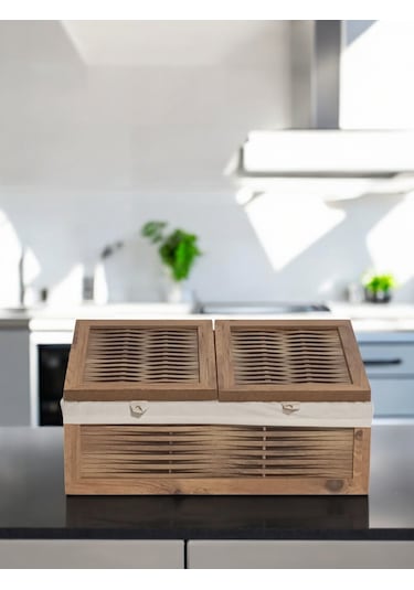 Ahşap 2 Kapaklı Ekmek Sepeti Yıkanabilir Kumaşlı Atlantik Çam Ahşap