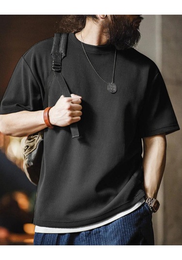 Genius Store Erkek Oversize Bisiklet Yaka Kısa Kollu Waffle Tişört Waffle-bisikletyaka Siyah